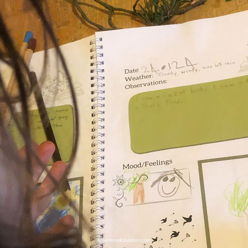 child using the Nature Journaling for Kids workbook from AriseHomeEducation.com