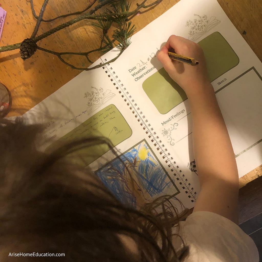 child using the Nature Journaling for Kids workbook from AriseHomeEducation.com