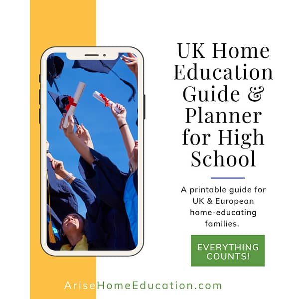 image of graducation caps being tossed with text overlay. UK HOme Education Guide & Planner for High School from AriseHomeEducation.com