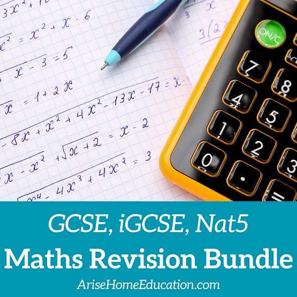 image of high school maths and calculator with text overlay. Maths revision bundle for GCSE, iGCSE & Nat5 at AriseHomeEducation.com.