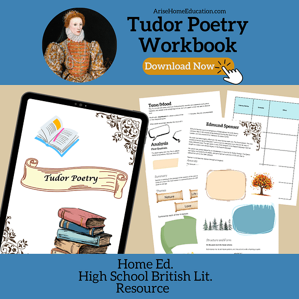 image of Tudor Poetry Workbook with text overlay. High school British Literature resouce.Download now. Created by AriseHomeEducation.com