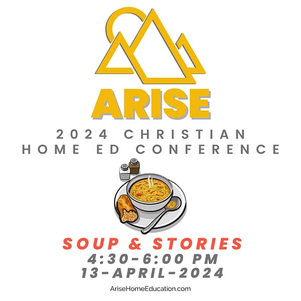 imageofArise Hme Education Logo with text overlay. Soup & Stories 4:30-6pm 13-April-2024