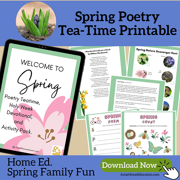 image of the Spring Poetry Tea-Time printable. Spring poetry for kids with Easter Holy Week activities and more from AriseHomeEducation.com
