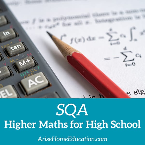 image of calculator, pencil and Higher Maths SQA style math problems for online Math course at AriseHomeEducation.com
