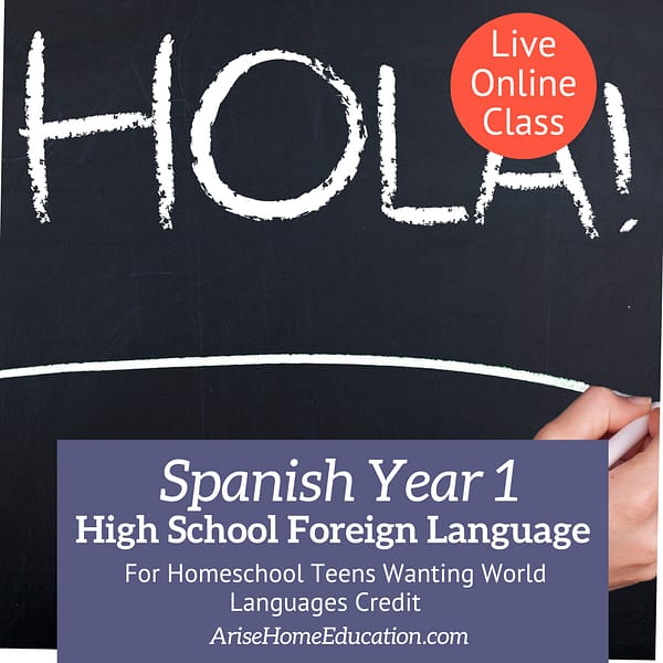 image of Spanish word 'Hola!" on chalkboard with text overelay. High School Spanish 1 liveonline class at AriseHomeEducation.com