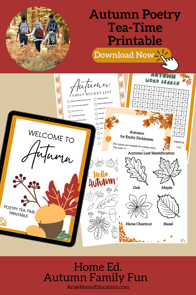 collage image of autumn leaves with text overlay. Autumn Poetry Tea Tim Printable Pack from AriseHomeEducation.com