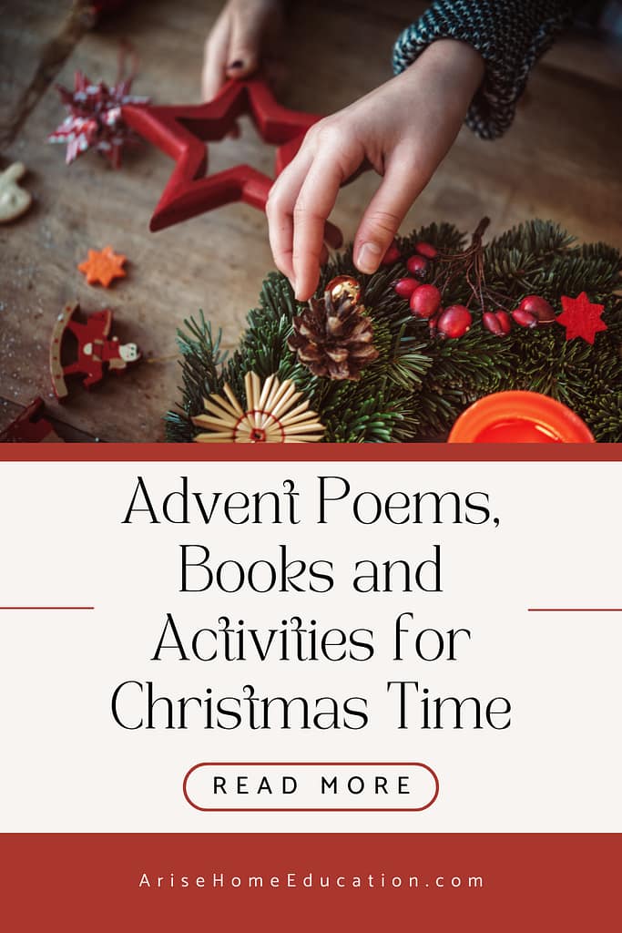 image of advent wreath with text overlay, Advent Poems, Books & Activities for Christmas Time from AriseHomeEducation.com